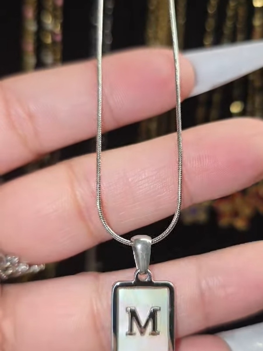 Stainless Steel Mother-of-Pearl 'M' Initial Pendant Necklace - White